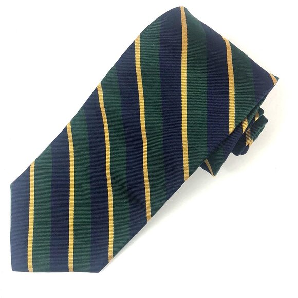 Vintage Huntington Stripe Tie Pure Silk Navy Blue Green Gold Made in USA Rep Tie - Picture 1 of 5